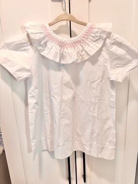 Red Beans Girls' White Ruffle Collar Top with Pink Smocking